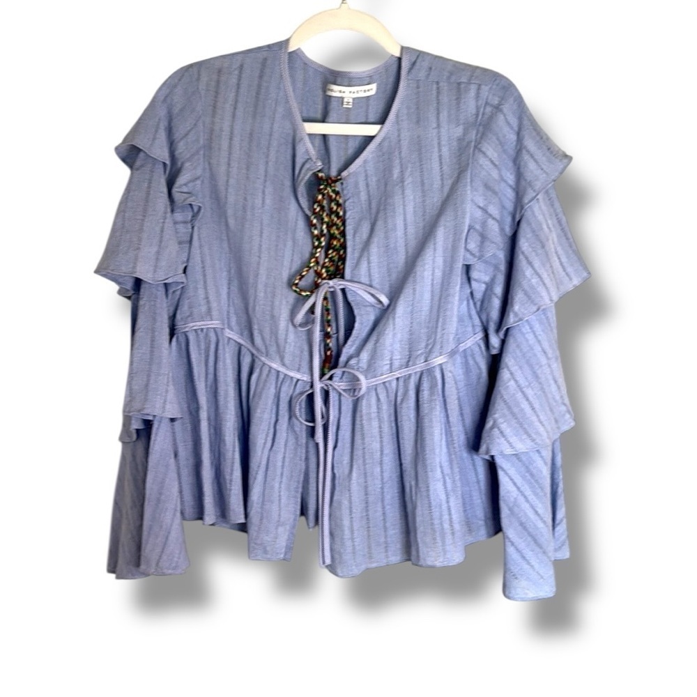 English Factory Tie Front Ruffle Sleeve Long Sleeve Blouse Size Medium